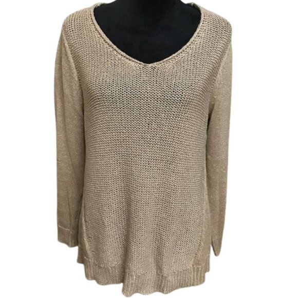 Women's Chico's Gold Open Knit V-Neck Long Sleeve Sweater Size 2 - Picture 1 of 10